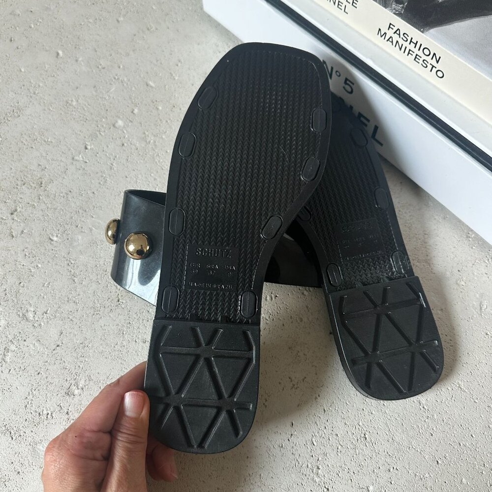 Schutz Lizzie Slide‎ Sandals Black Gold Studs Jelly Size 9 - Picture 8 of 9